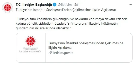 Son dakika: İletişim Başkanlığından flaş İstanbul Sözleşmesi açıklaması