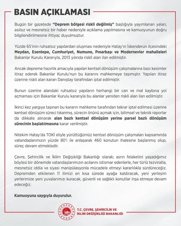Çevre Şehircilik ve İklim Değişikliği Bakanlığı’ndan Sözcü’nün Deprem bölgesi riskli değilmiş haberine yanıt: Yalan ve asılsız