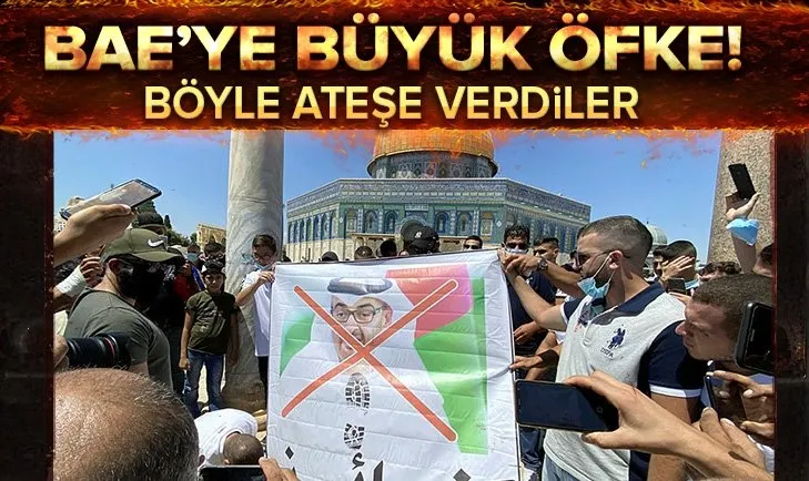 Filistin’de İsrail ile anlaşan BAE’ya tepki! Abu Dabi Veliaht Prensi Bin Zayid’in posterlerini ateşe verdiler