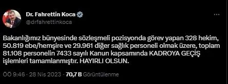 Bakan Fahrettin Koca müjdeyi verdi! 81 bin personel kadroya geçti - 1