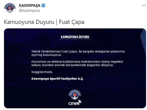 Son dakika: Kasımpaşa Fuat Çapa ile yollarını ayırdı