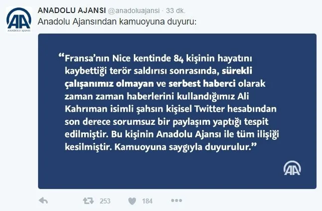 AA: O tweeti atan muhabirle ilişiğimiz kesildi - 1