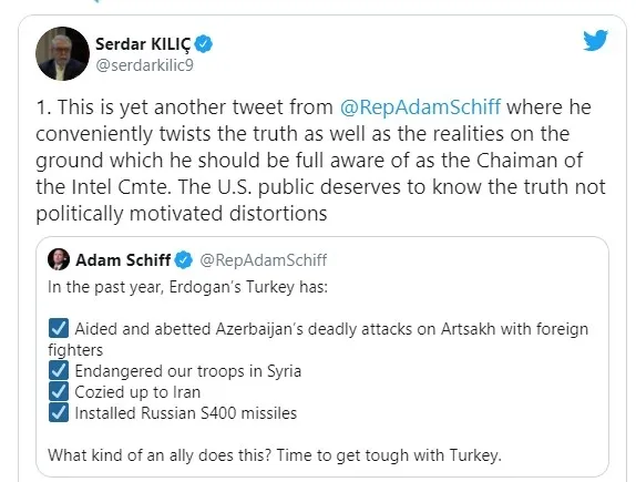 Washington Büyükelçisi Serdar Kılıç'tan Adam Schiff'te yanıt: Azerbaycan başka bir ülkenin topraklarına saldırmıyor - 1