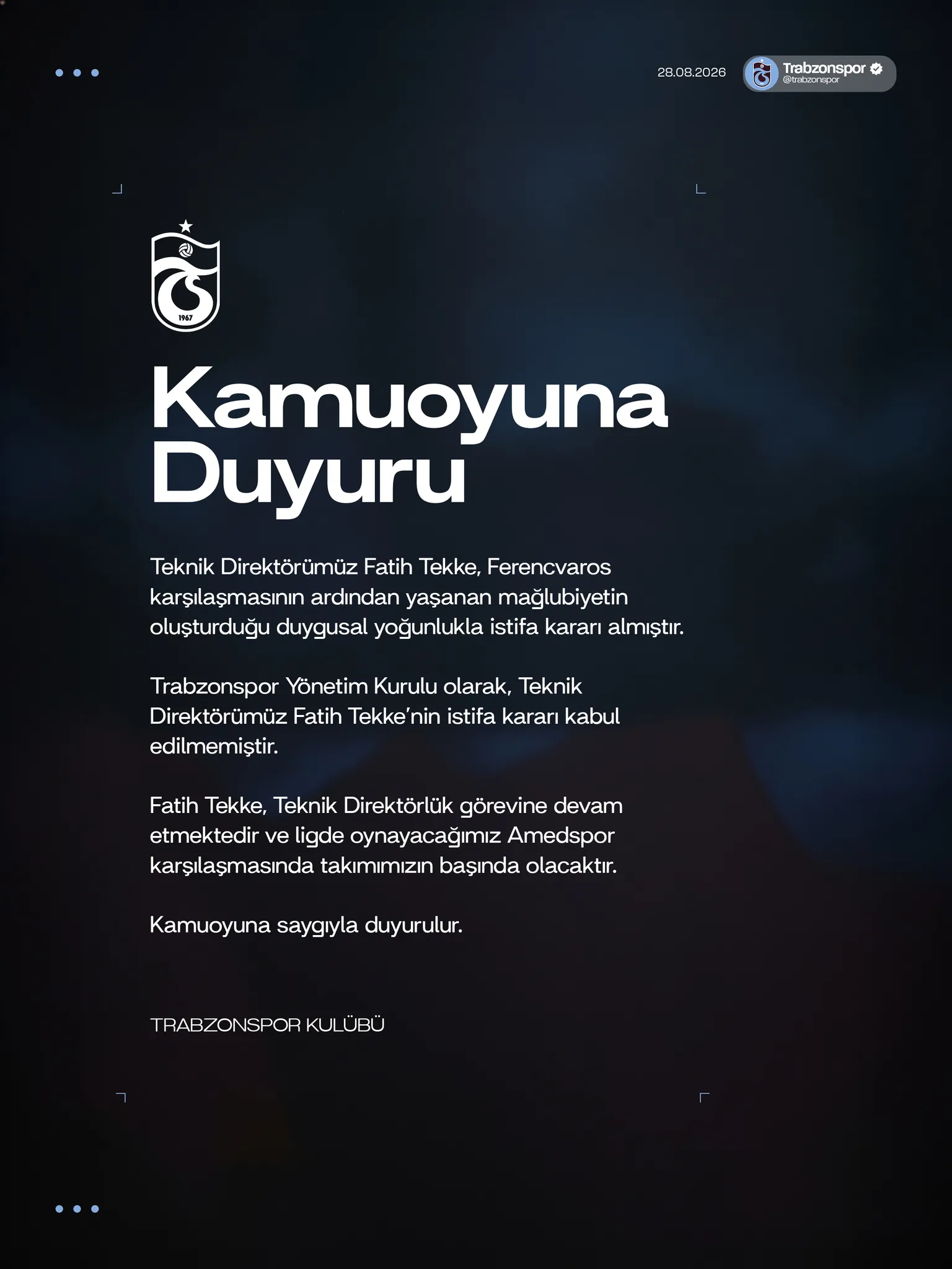 Fatih Tekke'nin istifa kararına Trabzonspor yönetiminden ret: Görevine kaldığı yerden devam edecek