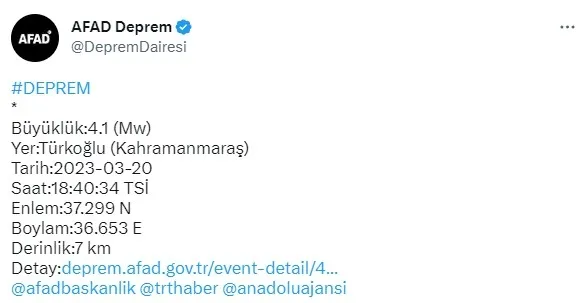SON DAKİKA! Kahramanmaraş’ta 4.1’lik yeni deprem! AFAD 2023 son depremler… - 1