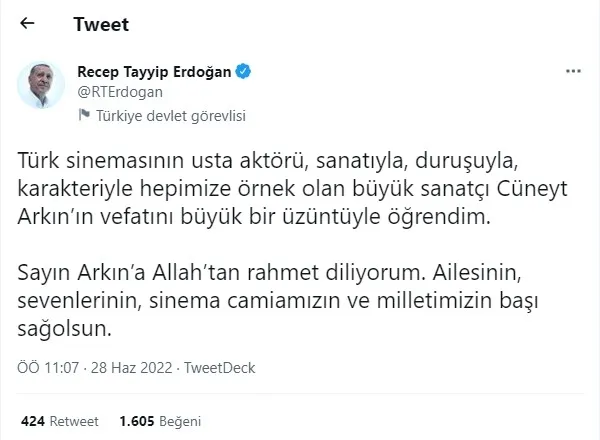 Son dakika | Başkan Erdoğan'dan Cüneyt Arkın için taziye mesajı - 1