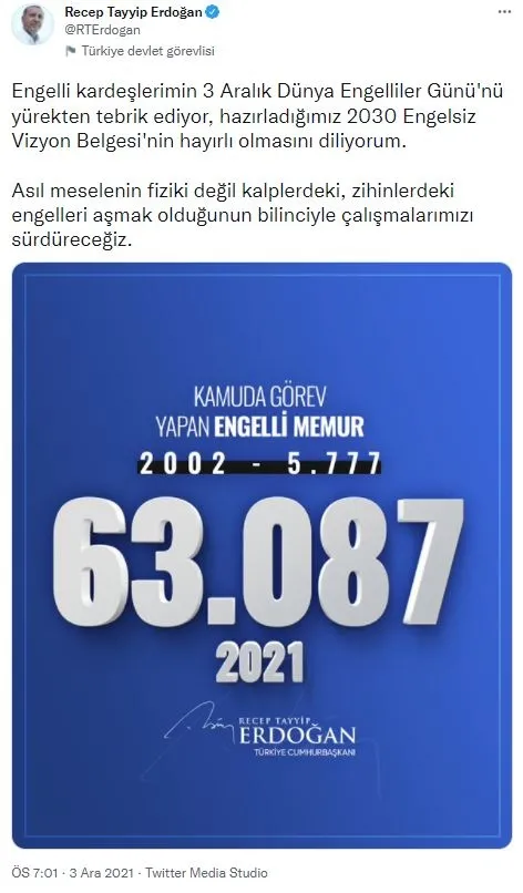 Son dakika: Başkan Erdoğan’dan 3 Aralık Dünya Engelliler Günü mesajı