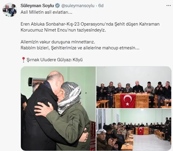 İçişleri Bakanı Süleyman Soylu: Korucu Tim Komutanı Nimet Encu şehit oldu | Başkan Erdoğan’dan taziye