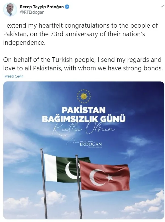 Son dakika: Başkan Erdoğan’dan Pakistan Bağımsızlık Günü mesajı
