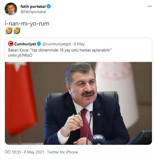 1624634270018.jpg Sağlık Bakanı Fahrettin Koca'dan Canan Kaftancıoğlu ve Fatih Portakal'a 18 yaş üstü vatandaşların aşılanmasına yönelik gönderme! "Umarız bugünlerde sık sık güneşe çıkıyorlardır" - 3
