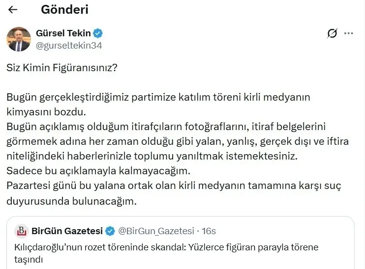 1785074124396.jpeg İstanbul İl Başkanı Gürsel Tekin, organizasyonda para dağıtıldığı yönündeki iddiaların gerçeği yansıtmadığını söyledi. (X)