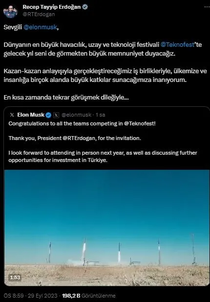 Elon Musk sosyal medyadan paylaştı Başkan Erdoğan yanıt verdi: Gelecek yıl seni de görmekten...