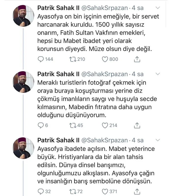 Türkiye Ermenileri Patriği Sahak Maşalyan Ayasofya ibadete açılsın dedi