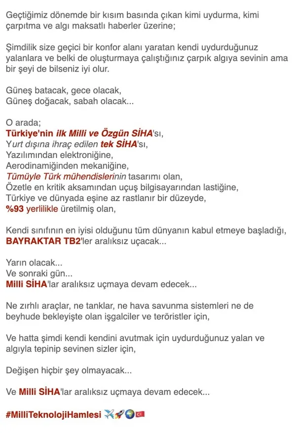 Selçuk Bayraktar'dan yanıt: Milli SİHA'lar semalarımızda hür ve özgür aralıksız uçmaya devam edecek - 3