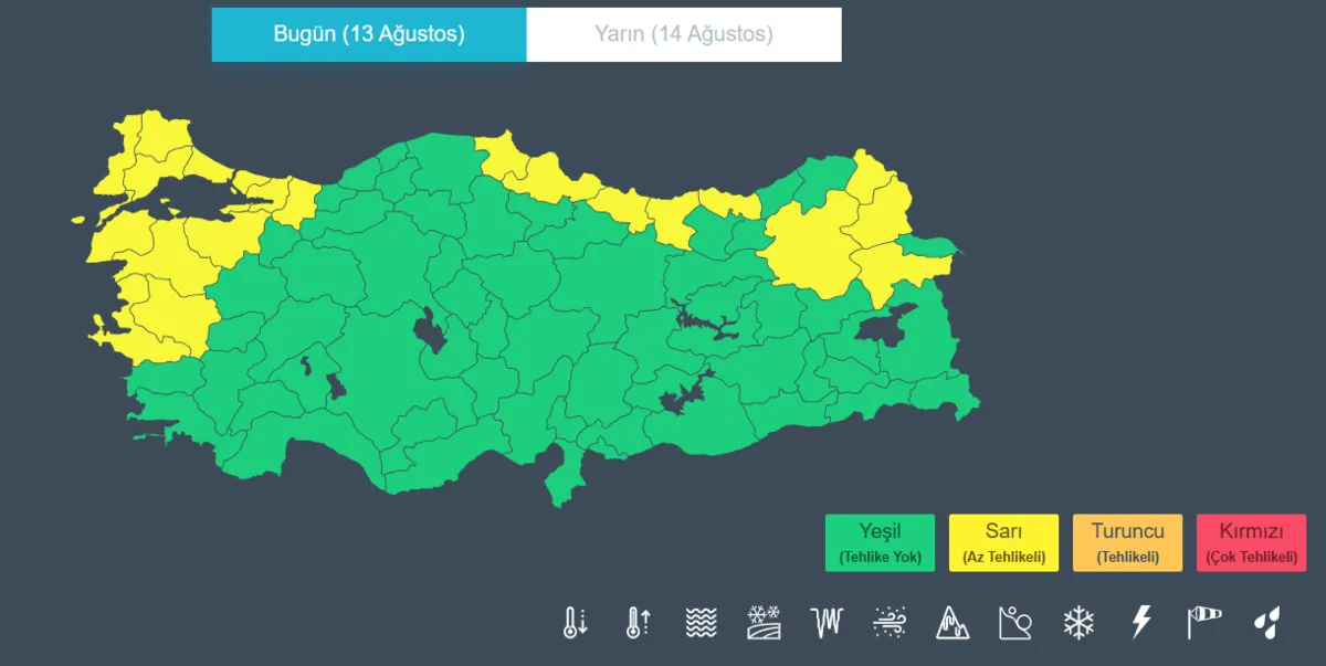Meteoroloji haritasında 21 il için sarı kodlu meteorolojik uyarı gösterildi.