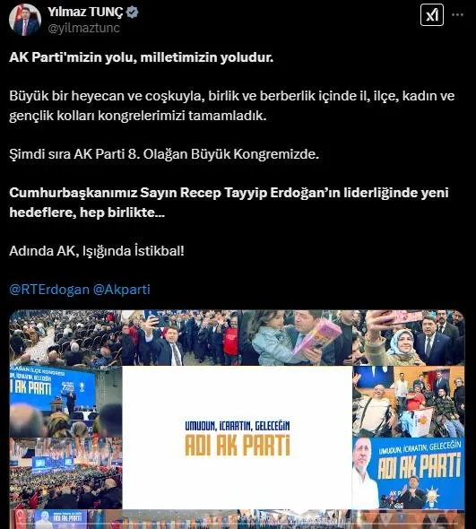 adinda-ak-isiginda-istikbal-bakanlardan-pes-pese-ak-partinin-8-olagan-buyuk-kongresine-iliskin-paylasim-1740244814871.jpeg Adalet Bakanı Yılmaz Tunç'un paylaşımı (Foto: ahaber.com.tr ekran görüntüsü)