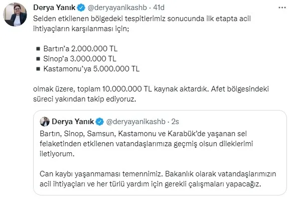 Bakan Derya Yanık duyurdu! Selden etkilenen Bartın-Sinop-Kastamonu için 10 milyon TL’lik kaynak
