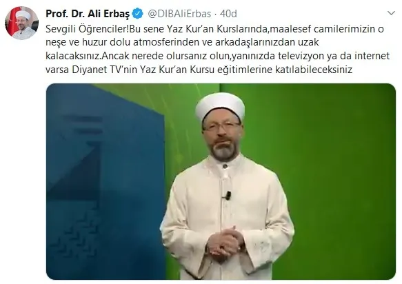Yaz Kur’an Kursları yarın başlıyor: İlk ders Diyanet İşleri Başkanı Ali Erbaş’tan