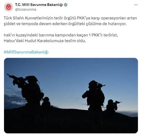 MSB gece gerçekleştirilen operasyona ait ilk görüntüleri paylaştı | Irak’ın kuzeyinde 1 PKK’lı terörist teslim oldu