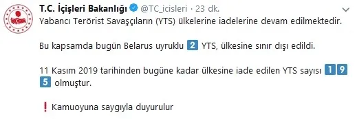 Son dakika: İçişleri Bakanlığı: Belarus uyruklu iki terörist...