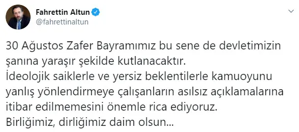 İletişim Başkanı Fahrettin Altun’dan 30 Ağustos Zafer Bayramı mesajı