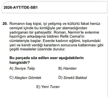AYT Edebiyat testindeki 20. soru, ÖSYM kararıyla iptal edildi. (Fotoğraf: ÖSYM)