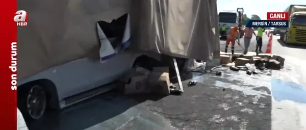 Son dakika: Adana-Mersin yolunda korkunç kaza! TIR otomobilin üzerine devrildi - 1