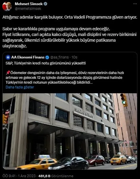 S&P’nin kararı sonrası Bakan Mehmet Şimşek’ten ilk yorum: OVP’ye güven artıyor