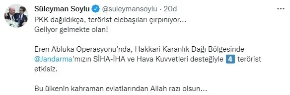 Bakan Soylu: Hakkari'de 4 PKK'lı öldürüldü - 1