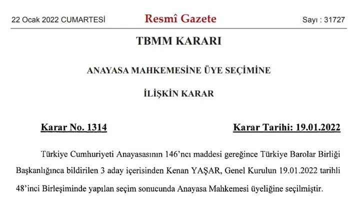 AYM üyeliğine Kenan Yaşar’ın seçilmesine ilaişkin TBMM kararı Resmi Gazete’de
