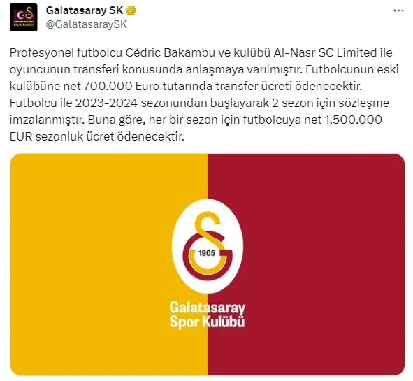 Galatasaray Cedric Bakambu’nun maliyetini açıkladı