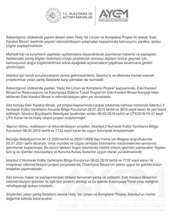 Ulaştırma ve Altyapı Bakanlığından Eski Karakol Binası iddialarına yalanlama
