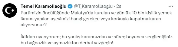 Malatya Valiliğinden Temel Karamollaoğlu’nun Aşevinin Kapatılması Kararı iddiasına yalanlama: Tamamen asılsızdır!