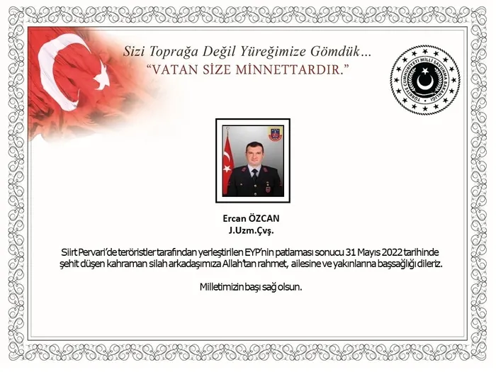 MSB açıkladı! Siirt’ten acı haber: Jandarma Uzman Çavuş Ercan Özcan şehit oldu