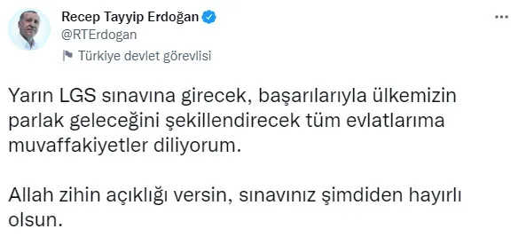 Son dakika: Başkan Erdoğan LGS’ye girecek öğrencilere başarı diledi