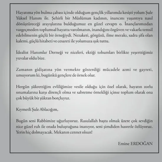 Emine Erdoğan'dan Şule Yüksel Şenler için mesaj - 1