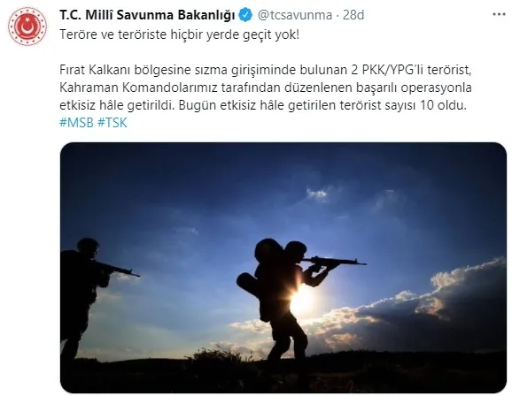 MSB: Fırat Kalkanı bölgesine sızma girişiminde bulunan 2 PKK'lı öldürüldü - 1