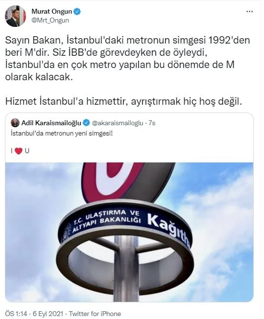 İstanbul metrolarındaki simge değişikliğini hazmedemeyen İBB Sözcüsü Ongun’a tokat gibi hatırlatma