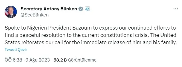 ABD Dışişleri Bakanı Anthony Blinken’dan Nijer Cumhurbaşkanı Bazum’a destek açıklaması