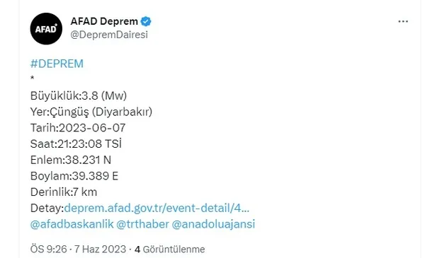 Diyarbakır'da deprem! AFAD açıkladı | 2023 son depremler listesi - 1