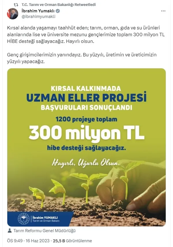Tarım ve Orman Bakanlığından 300 milyon TL’lik hibe desteği! Bakan İbrahim Yumaklı: Üretimin ve üreticimizin yüzyılı olacak