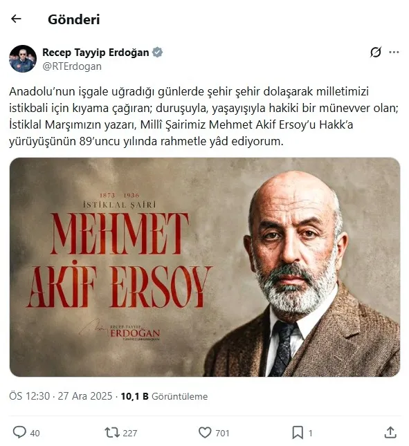 Başkan Erdoğan milli şair Mehmet Akif Ersoy’u andı