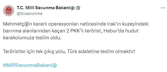 Irak’ın kuzeyinden kaçan 2 PKK’lı terörist hudut karakoluna teslim oldu