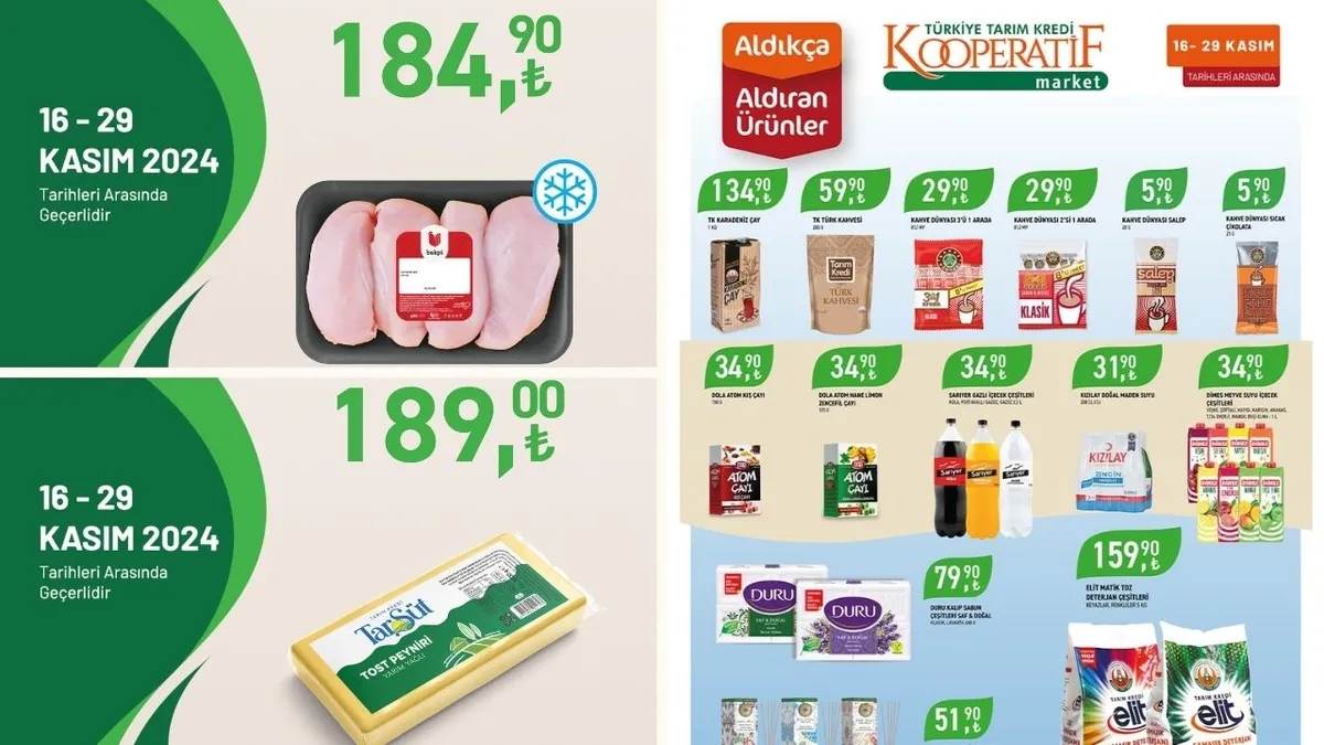 Tarım Kredi Market 16-29 Kasım indirimleri başladı! Kaşar Peynir 175.00 TL, Peynir 139.90 TL, Yayık tereyağı 92.50 TL'den satışta