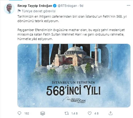 Son dakika: Başkan Erdoğan’dan İstanbul’un fethi paylaşımı