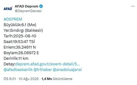 AFAD BÜYÜKLÜĞÜ AÇIKLADI: 6.1