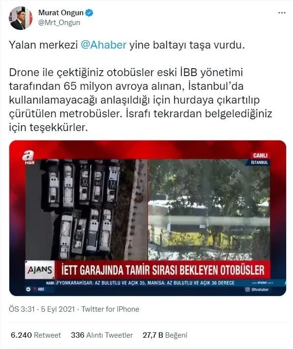1630878204002.jpg CHP'li İstanbul Büyükşehir Belediyesi Sözcüsü Murat Ongun'un A Haber'i hedef alan paylaşımına ilişkin gerçek ortaya çıktı: Hurdaya ayrıldı denilen otobüsler CHP'ye devredildiğinde çalışıyordu - 5