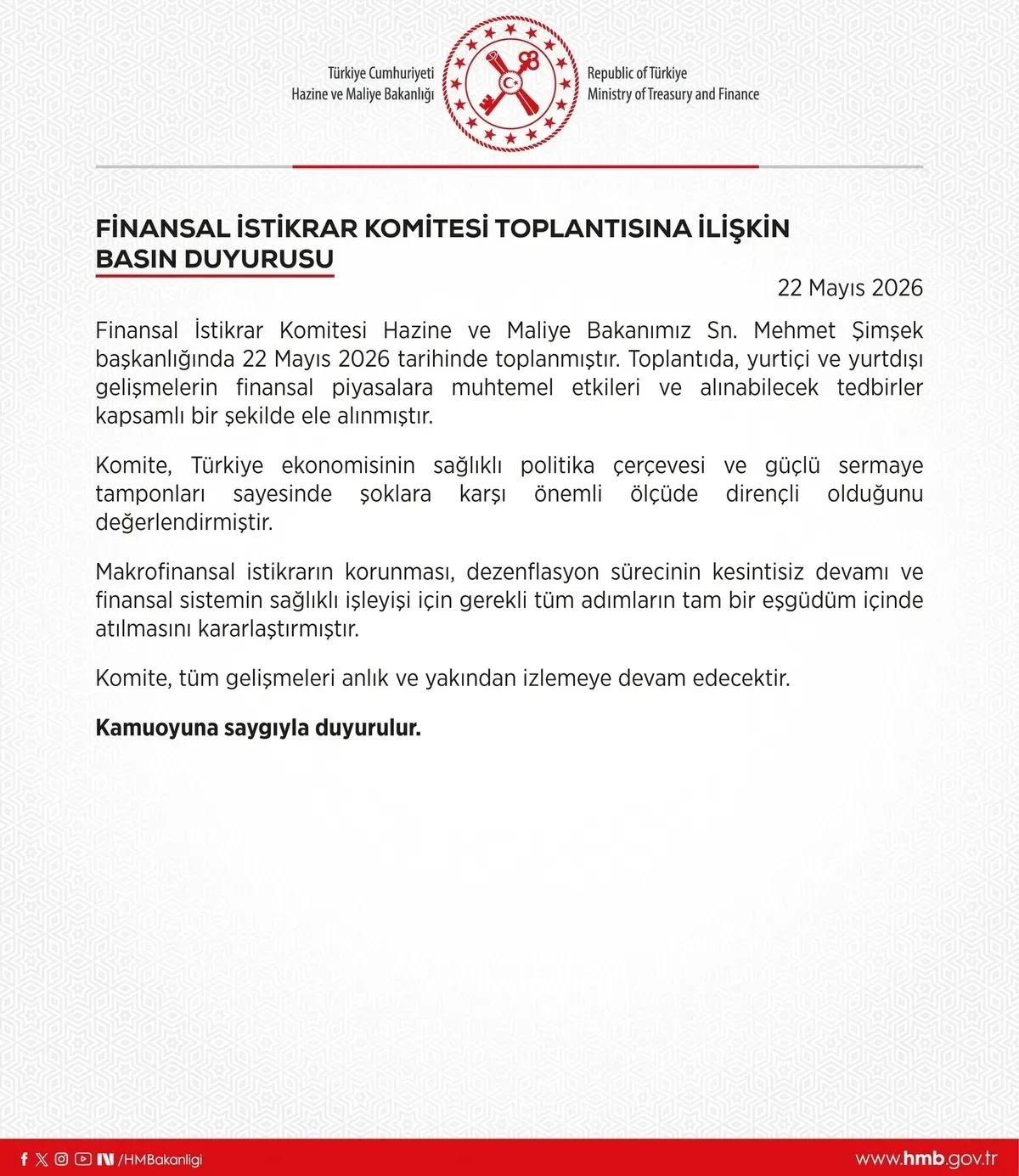 Finansal İstikrar Komitesi toplandı: Türk ekonomisi şoklara karşı dirençli