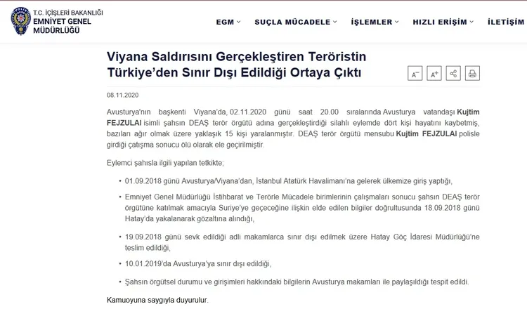 EGM açıkladı! Viyana’daki terör saldırısının faili Türkiye’den sınır dışı edilmiş