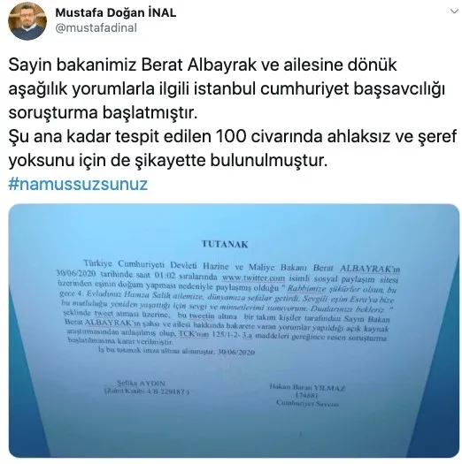 Hazine ve Maliye Bakanı Berat Albayrak’a hakaret edenler hakkında soruşturma başlatıldı
